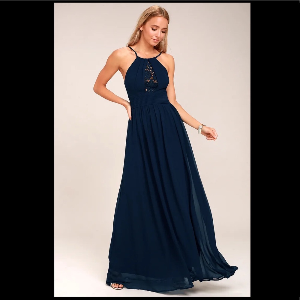 Lulu’s, Cherish the Night Navy Blue Lace Maxi Dress, XS